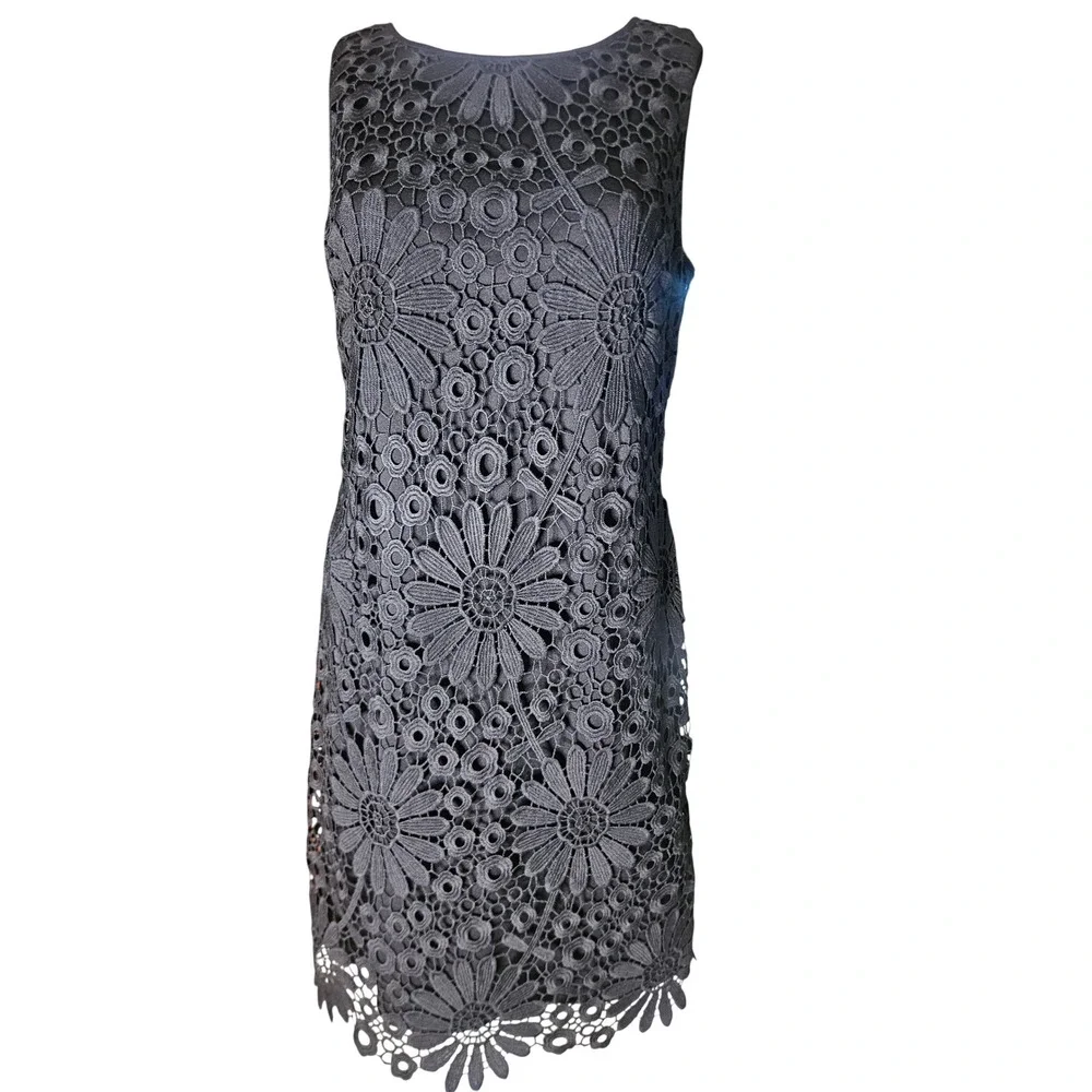 Chetta B Black Floral Guipure Lace Sleeveless Sheath Dress Size 10 Cocktail